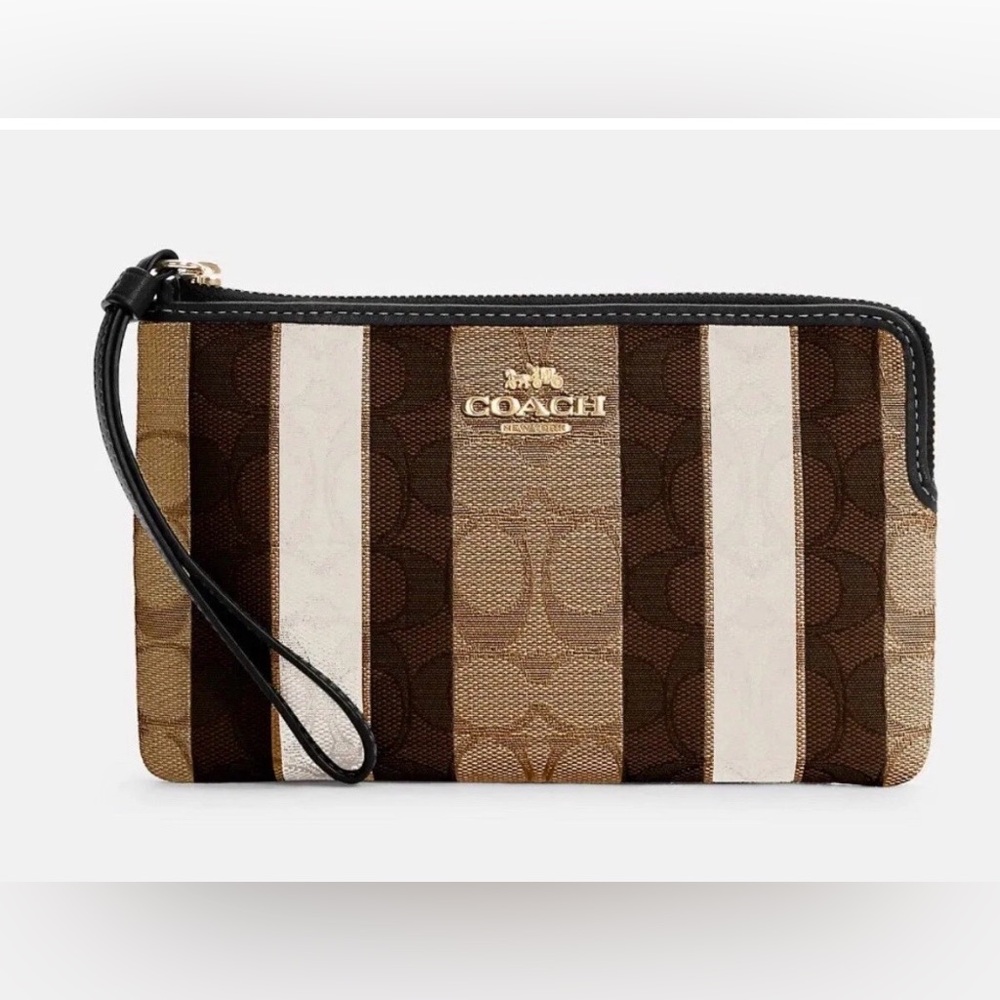 Like New Coach Zip Wristlet Wallet Luxury Jacquard Stripes Brown Cream Signature